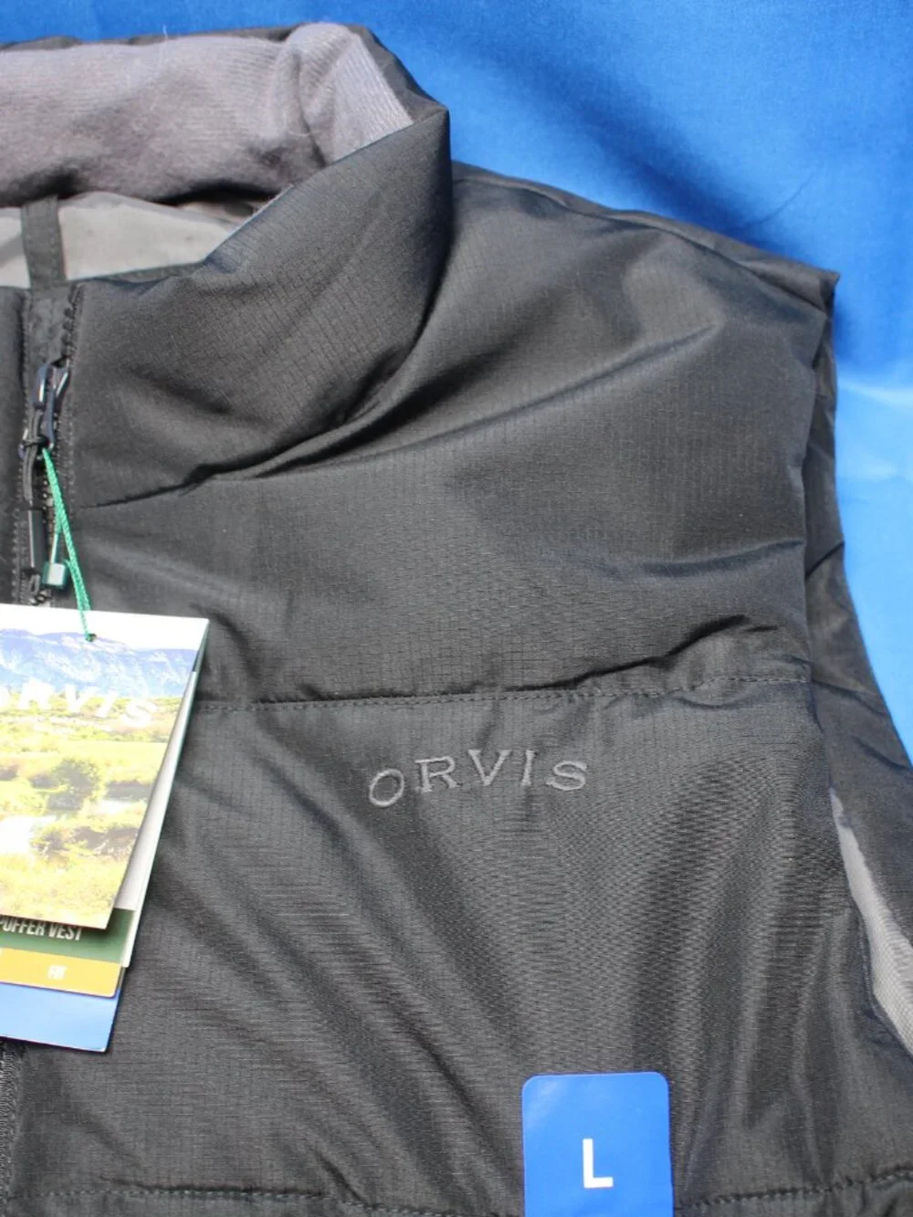 Orvis RipStop Puffer Vest Jacket Mens Large Black Quilted Insulated Lightweight